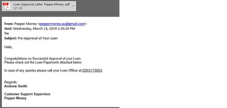 example of a Pepper Money phishing email