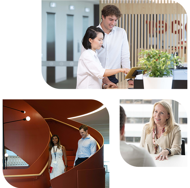People discussing work on a couch, walking down a spiral staircase, and meeting across a table in an office setting